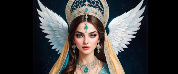 نقاشی پرتره ی فرشته ای با ژست ظریف و بال های زیبا و لباس بلند
