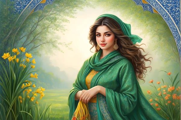 چهره جذاب دختر ایرانی با شال و موهای بلند در نقاشی هنری