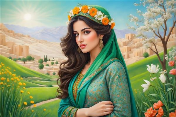 چمنزار و گل های بهاری در نقاشی دختر جوان ایرانی