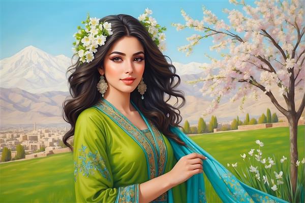 لبخند ملیح دختر جوان ایرانی در نقاشی منظره بهاری