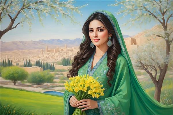 چهره جذاب و ناز دختر ایرانی در نقاشی بهاری با دسته گل