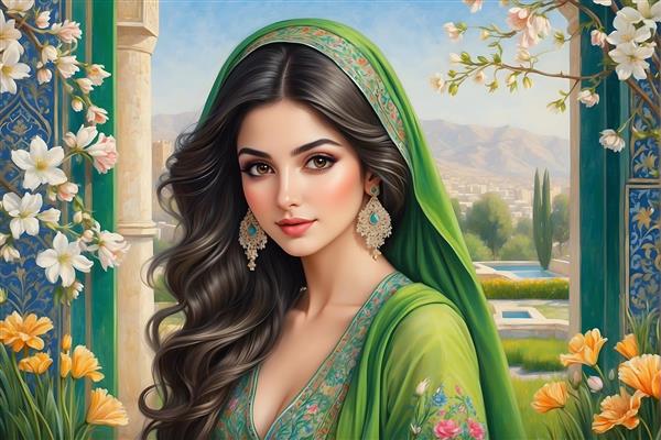 تابلو نقاشی چهره دختر جوان ایرانی با موهای بلند و شال