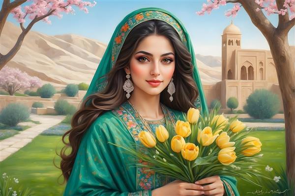 سبد گل در دست دختر جوان ایرانی در نقاشی هنری نوروزی