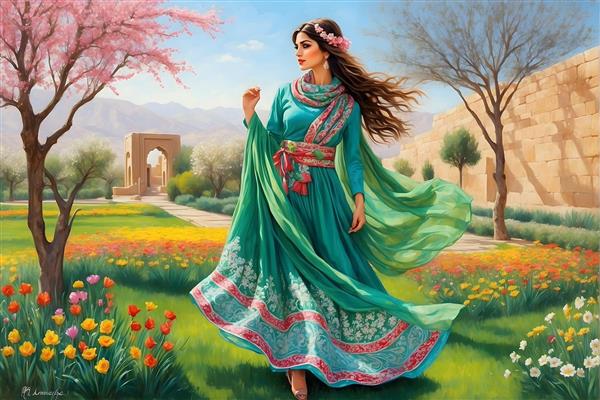 نقاشی زن جوان ایرانی با موهای بلند در بوستان نوروزی با دسته گل و درختان سرسبز
