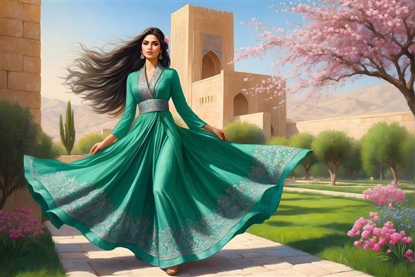 نقاشی هنری از دختر ایرانی با لباس بلند در باغ نوروزی با چمنزار سرسبز