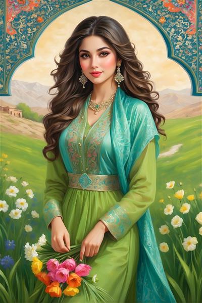 استفاده از رنگ‌های شاد و زنده در نقاشی دختر جوان ایرانی در بهار