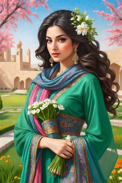 ژست شاد و پرنشاط دختر جوان ایرانی در نقاشی بهاری