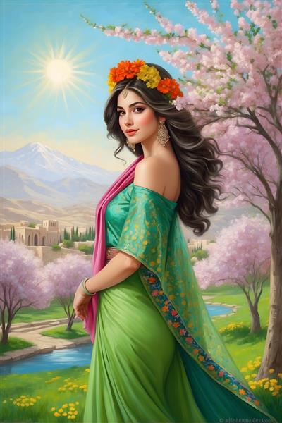 نقاشی هنری از دختر ایرانی با شال در چمنزار سرسبز بهاری
