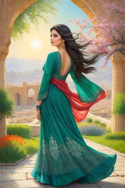 چهره جذاب و دلنشین دختر ایرانی با لباس بلند در بوستان نوروزی