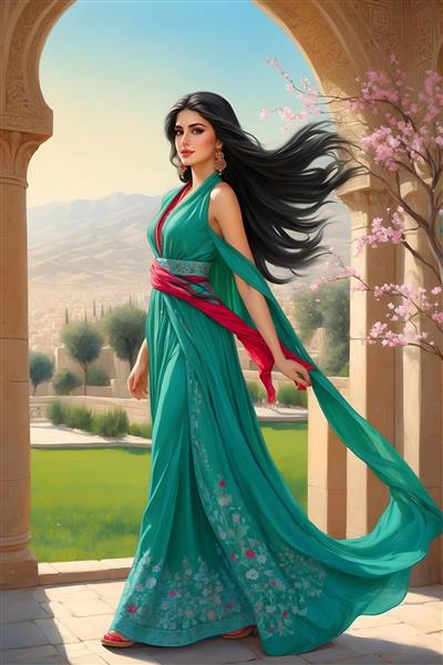 نقاشی هنری از دختر ایرانی با موهای بلند در بوستان نوروزی با چمنزار سرسبز