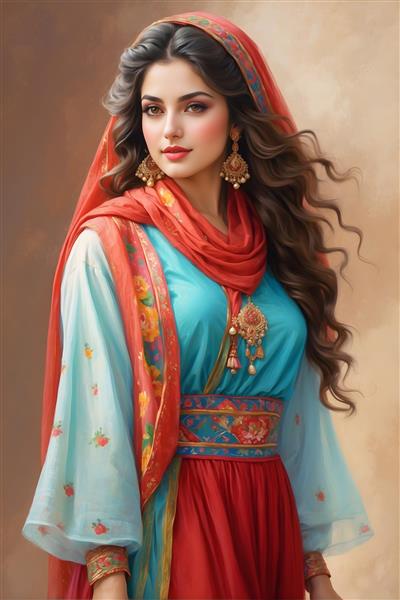 نقاشی دختر ایرانی با شال و موهای بلند در لباس رنگارنگ سنتی
