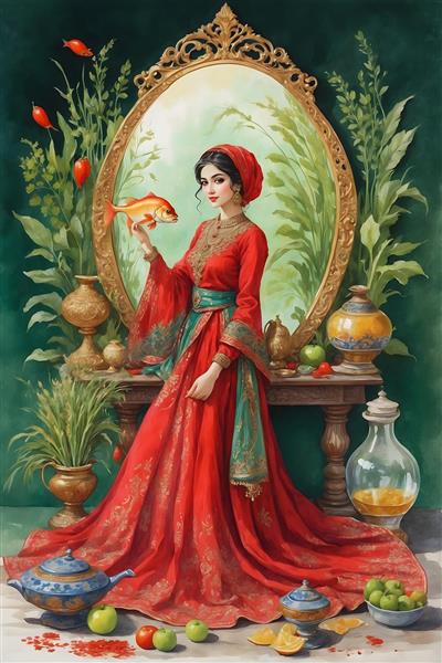 سینی هفت سین نوروز با نقاشی آبرنگ دختر ایرانی و ماهی قرمز