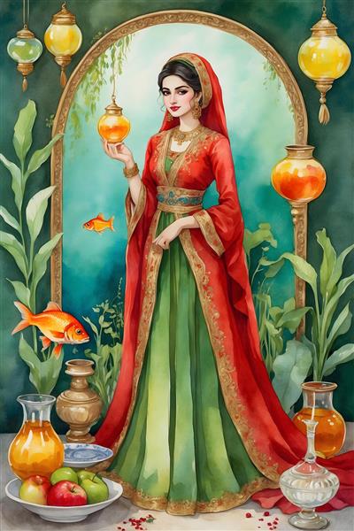 نقاشی آبرنگ از دختر ایرانی با لباس قرمز سنتی در بهار