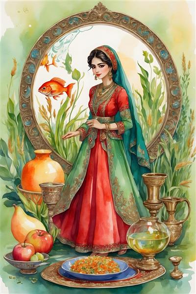 نوروز شاد و پربرکت با نقاشی آبرنگ دختر ایرانی و میوه