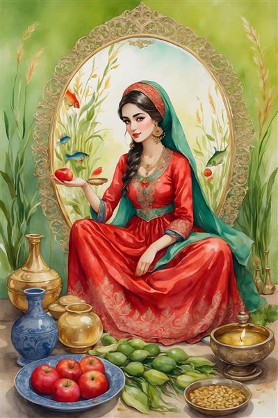 هفت سین نوروز با نقاشی آبرنگ دختر ایرانی و آرزوی سالی سرسبز