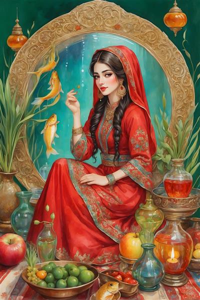 نقاشی آبرنگ از دختر ایرانی با شال و موهای بلند در کنار تنگ ماهی