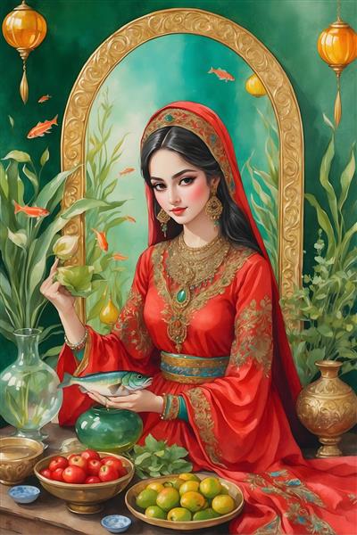 نقاشی آبرنگی از دختر ایرانی با لباس محلی در کنار سفره هفت سین