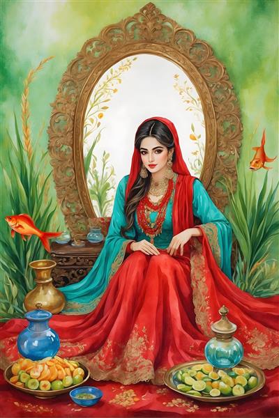 نقاشی آبرنگی از دختر جوان ایرانی در نوروز و ماهی قرمز