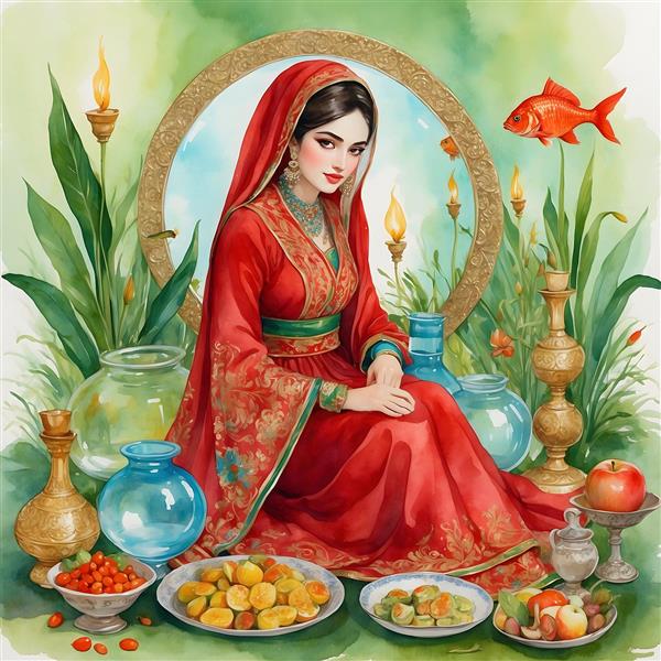 زیبایی بهار ایرانی در نقاشی آبرنگی با دختر و ماهی قرمز
