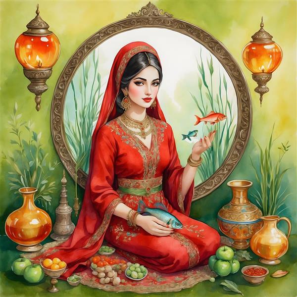 نقاشی آبرنگی از چهره جذاب دختر ایرانی در نوروز و میوه