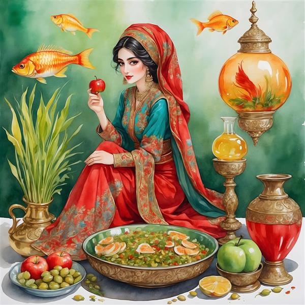 دختر جوان ایرانی در نقاشی آبرنگی با لباس قرمز و تنگ ماهی