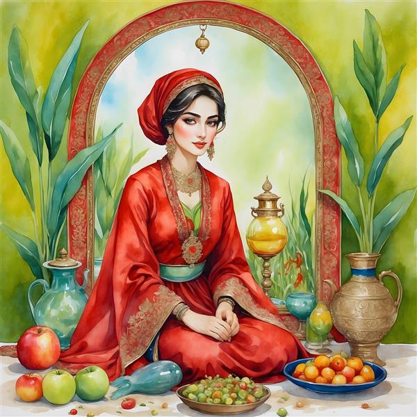 تبریک عید نوروز با نقاشی آبرنگی از دختر ایرانی و سبزه