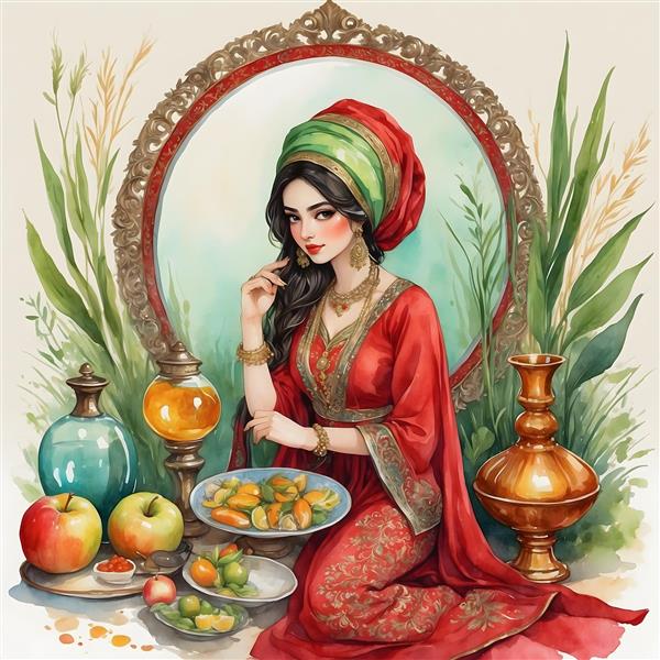 نقاشی آبرنگی از دختر ایرانی با لباس سنتی در کنار تنگ ماهی