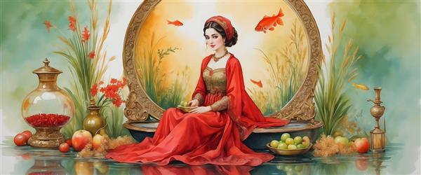 سینی هفت سین با نقاشی آبرنگی از دختر ایرانی و ماهی قرمز