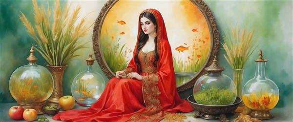 تبریک عید نوروز با نقاشی آبرنگی از دختر ایرانی و ماهی قرمز