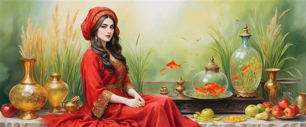 نقاشی آبرنگی، لحظه تحویل سال نو با دختر ایرانی و ماهی قرمز