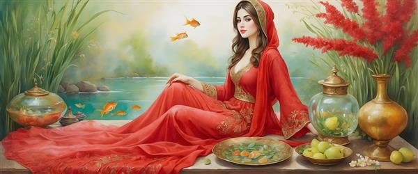 نقاشی آبرنگی، دختر ایرانی در نوروز و ماهی قرمز، نماد بهار