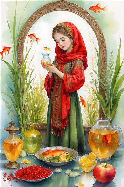 نقاشی آبرنگی از بهار سرسبز و شاد با دختر ایرانی و ماهی قرمز