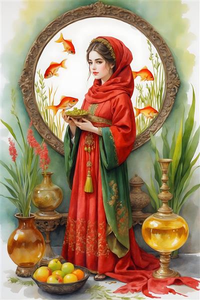 سینی سبزه و میوه نوروزی با نقاشی آبرنگی از دختر ایرانی و تنگ ماهی