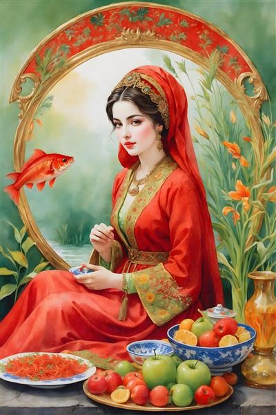 نقاشی آبرنگی دختر جوان ایرانی با شال و موهای بلند در لباس قرمز سنتی