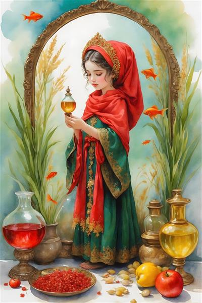 نقاشی آبرنگی از دختر ایرانی در کنار سفره هفت سین و تنگ ماهی