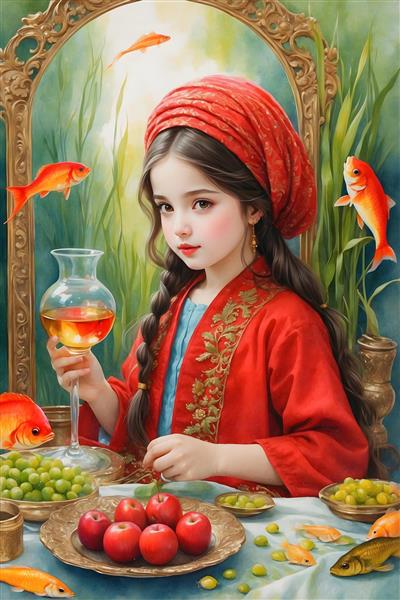 تبریک عید نوروز با نقاشی آبرنگی از دختر کوچک ایرانی و ماهی قرمز