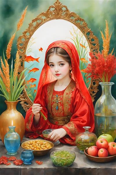 سینی هفت سین نوروزی با نقاشی آبرنگی و حضور دختر ایرانی با لباس قرمز