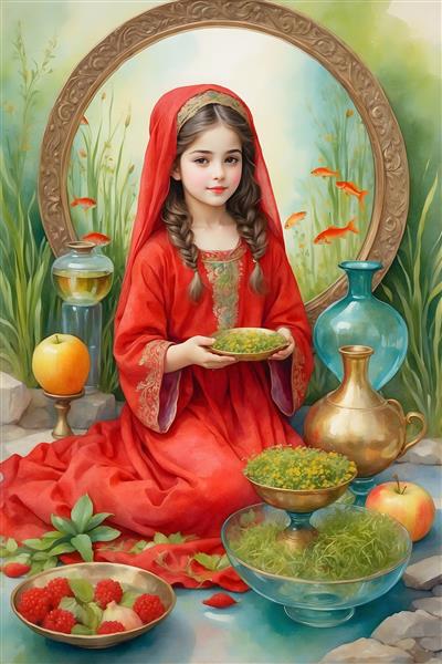 نقاشی آبرنگی از دختر ایرانی در لباس سنتی و تنگ ماهی قرمز