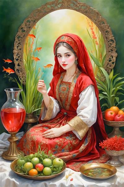 سینی هفت سین نقاشی شده با آبرنگ و حضور دختر ایرانی با لباس قرمز