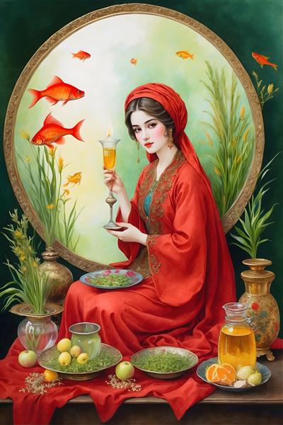 بهار سرسبز و شاد با نقاشی آبرنگی از دختر ایرانی و ماهی قرمز