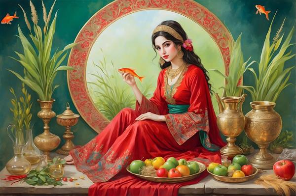 نقاشی آبرنگی تبریک عید نوروز با دختر ایرانی و ماهی قرمز