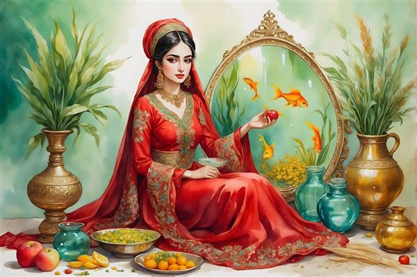 نقاشی آبرنگی از دختر ایرانی با لباس قرمز، نمادی از بهار و شادکامی