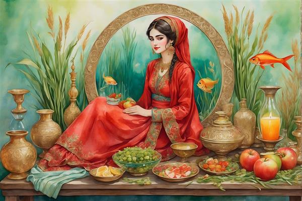 تبریک عید نوروز با نقاشی آبرنگی از دختر ایرانی و آیینه نماد روشنایی