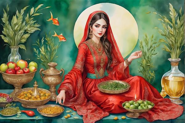 سینی هفت سین نوروزی با نقاشی آبرنگی دختر ایرانی و میوه های بهاری