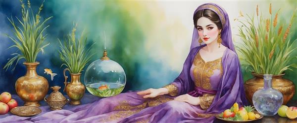 نوروز شاد و پربرکت با نقاشی آبرنگی دختر ایرانی و سفره هفت سین بنفش
