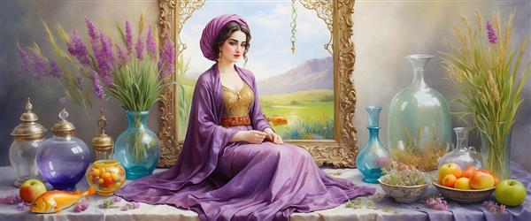 نقاشی آبرنگی دختر ایرانی با موهای بلند و شال بنفش در کنار هفت سین
