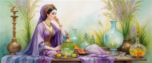 چهره ی جذاب و شاد دختر ایرانی در نقاشی آبرنگی نوروز و هفت سین و تنگ ماهی و سینی میوه