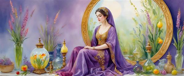زیبایی های نوروز در نقاشی آبرنگی با حضور دختر ایرانی و هفت سین و سینی میوه