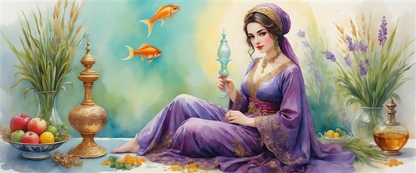 نقاشی آبرنگی از بهار سرسبز و شاد ایرانی با دختر و ماهی قرمز و سینی هفت سین