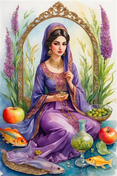 دختر ایرانی با لباس سنتی و موهای بلند در کنار سفره هفت سین نوروز و تنگ ماهی